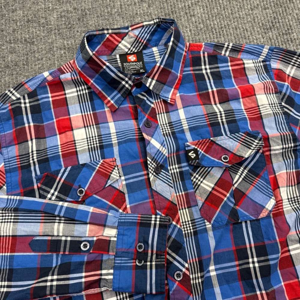 Southpole Mens XL Plaid Button Down Shirt Blue Red Long Sleeve Authentic MCMXCI